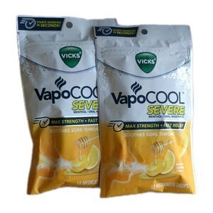 (2 Packs) Vicks VAPOCOOL Severe Medicated Drops Honey Lemon 18ct Exp 03/2028